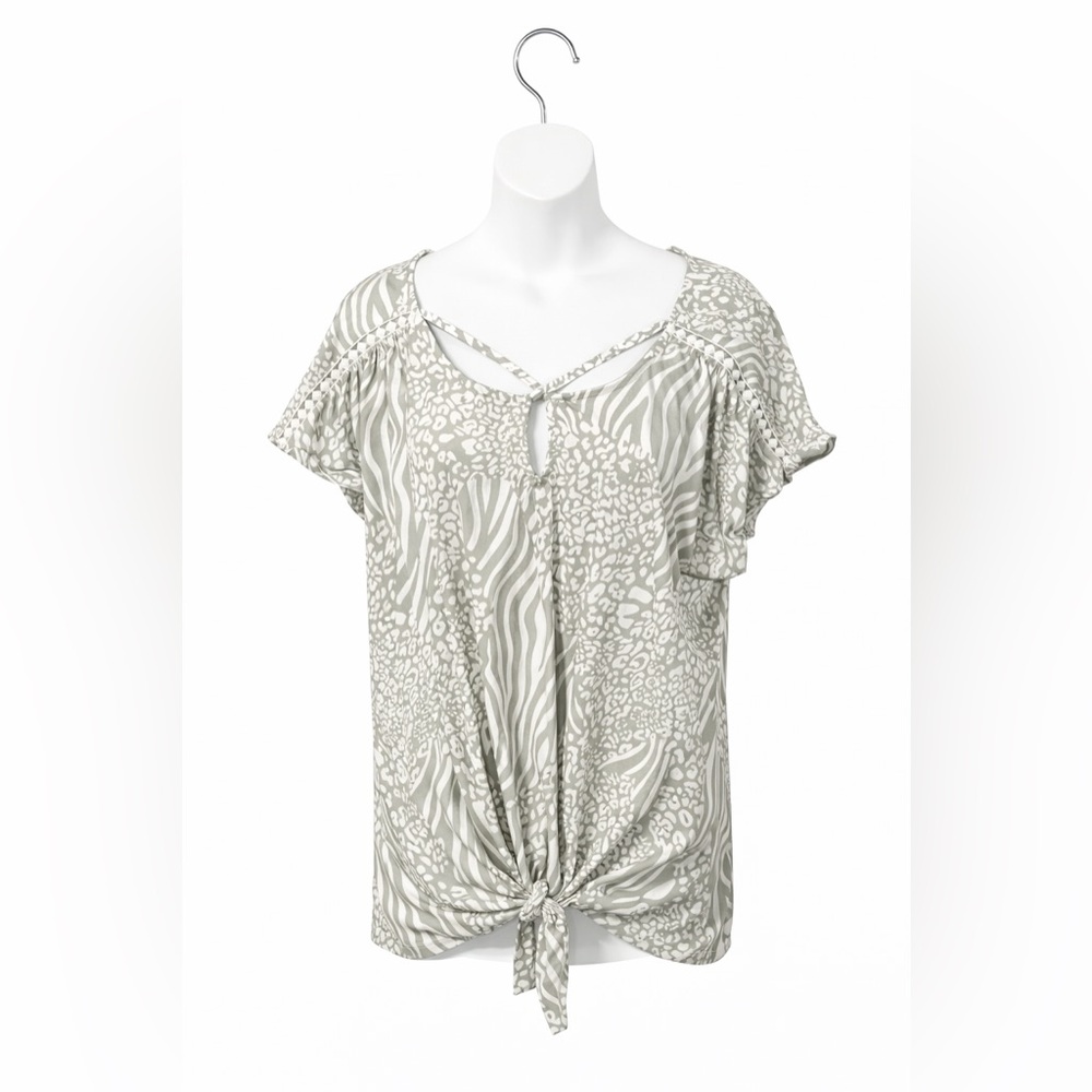 Animal Print Tie Front Top | Gray & White Blouse | Flutter Sleeve | Size L